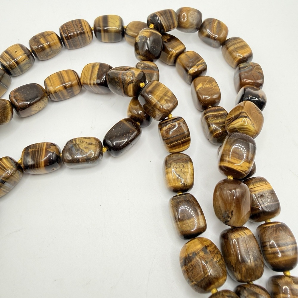 Tiger's Eye Triple Strand Knotted Beaded Choker Necklace & Magnetic MOP Clasp - Picture 5 of 9